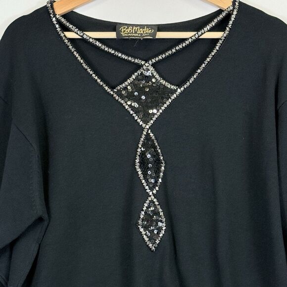 Bob Mackie Wearable Art Black Sequin Beaded Cut Out Collar Sweater Women's XL 1X - Picture 2 of 4
